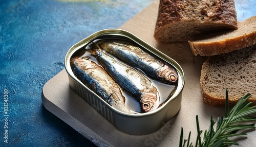 sardines in a can on a table with bread