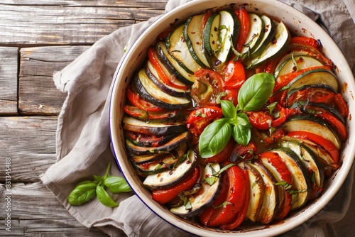 Traditional french ratatouille vegetable dish beautifully arranged, garnished with basil