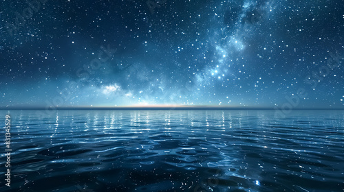 A mesmerizing starry night sky over a calm lake, dotted with reflections of shimmering stars, suitable for use as a background in video presentations or digital artwork