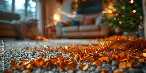 Tinsel scraps scattered on living room carpet adding a festive touch to the cozy space. Concept Holiday Decor, Cozy Home Setting, Festive Atmosphere