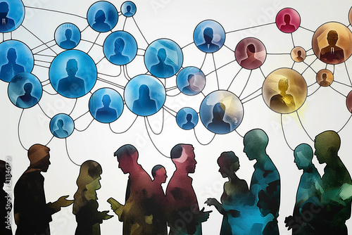 Illustration of figures symbolizing people, interconnected with lines, depicting a network of conversations with silhouettes of people in side view.