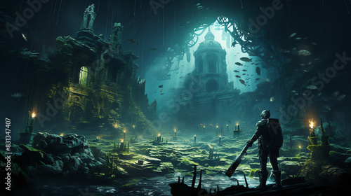a dark underwater city. There is a man holding a weapon walking through the city.