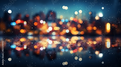 Photography of a city skyline at night, focusing on the abstract beauty of colorful bokeh lights created by outoffocus city illumination