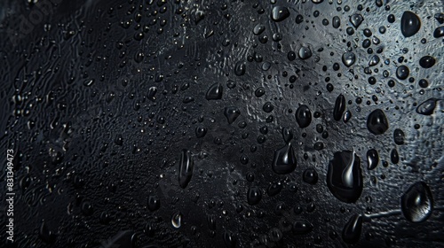 Water drops on a black background. Banner with raindrops on a black surface. Texture