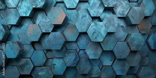 Abstract Blue Hexagonal Pattern Background with 3D Geometric Shapes
