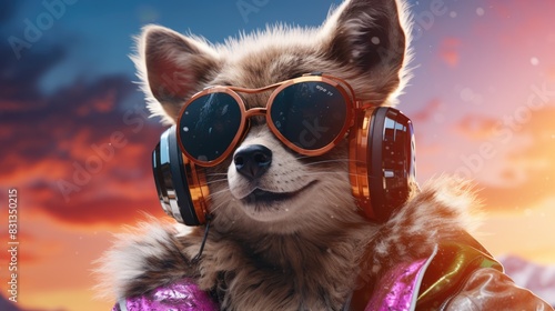 Music dj coyote with sunglasses and headphones