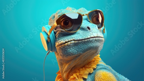 Music dj lizard with sunglasses and headphones
