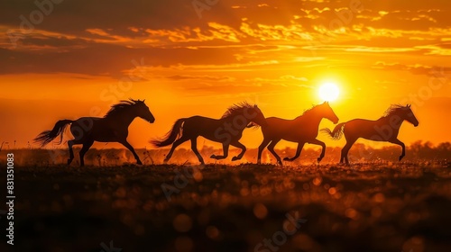 majestic horses galloping at sunset silhouetted against a vibrant orange sky equine photography