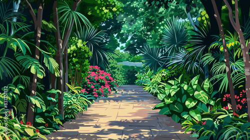 2d illustration of pathway with foliage and tree, safari zoo entrance, tropical garden