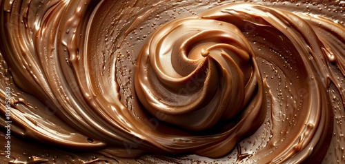 Birds-eye view macro shot of swirling chocolate hazelnut gelato, glossy sheen, rich texture, photorealistic detail, inviting and luscious, perfect for high-end dessert advertising