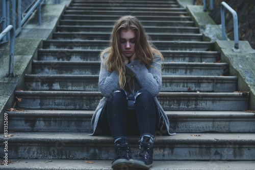 Thoughtful young woman sits on outdoor steps, exuding a mood of contemplation and solitude