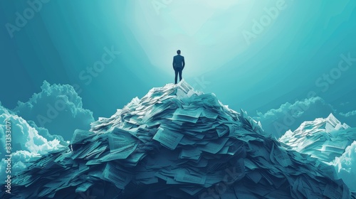 A creative illustration of a business leader standing on top of a mountain of paperwork, symbolizing the challenges and triumphs of managing a successful company.