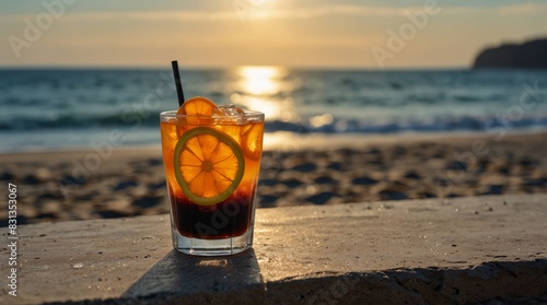A glass of fresh iced orange americano decorated with sliced ​​orange holding by hand on the beach view, seascape, vertical style. Cold black coffee with orange juice, mixing mocktail drink