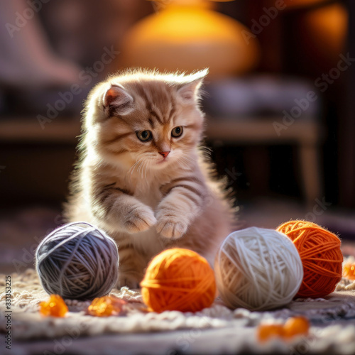 Red-haired fluffy striped kitten plays passionately with balls of thread on floor, set against cozy room's blurred background. Carefree and joyful moment, showcasing endearing nature of furry kitty.