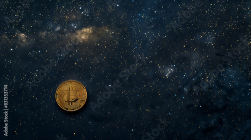 A minimalist composition of a single golden Bitcoin against a vast, star-filled backdrop, symbolizing the vast potential of digital currency