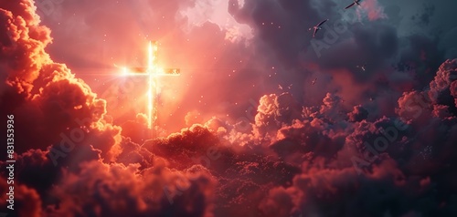 CG 3D render long shot of a sacred cross amidst glowing clouds, radiating holy light, with ethereal spirits and angels in gentle flight around it, shimmering with celestial energy