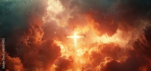CG 3D render long shot of a sacred cross amidst glowing clouds, radiating holy light, with ethereal spirits and angels in gentle flight around it, shimmering with celestial energy