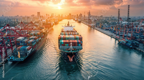 Cargo ship entering port at sunset