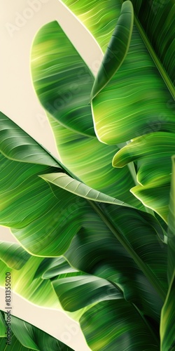 Minimalist poster design, green banana leaves on white background, nature, ecology, empty space.