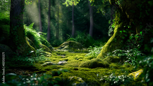 Trees in a forest with mossy ground and vines. A forest during a heavy rain in backlight