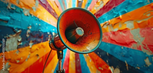 Close-up shot of a vintage megaphone, positioned centrally, surrounded by a backdrop of dazzling multicolored beams, executed in eye-catching pop art fashion