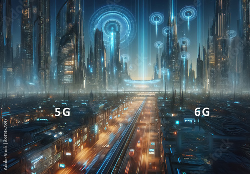 Eine modern, beleuchtete Stadt bei Nacht. ein Schild mit dem Text " 6G" , Technologie Konzept