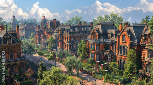 Red-brick Victorian houses with ornate details.