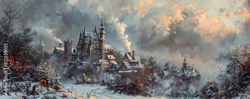 A medieval castle in winter, covered in snow with smoke rising from chimneys, peaceful and cozy, cool tones, oil painting technique,