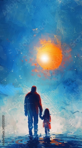 A father and a little girl walking together, the view of the orange sun and the blue environment