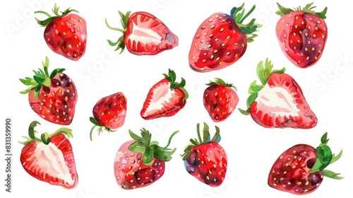 Vibrant watercolor strawberries, full and halved. Fresh berry illustrations. Artistic, juicy strawberries, culinary designs. Red fruit set on white background. Hand-painted picture, ripe for recipe.