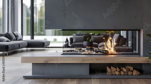  The image captures the unique design of a floating hearth fireplace, combining wood and concrete elements for a visually appealing aesthetic.