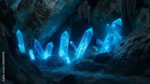 A mysterious cave entrance lit by glowing blue crystals, casting an eerie yet enchanting light against the dark, rocky walls. 32k, full ultra hd, high resolution