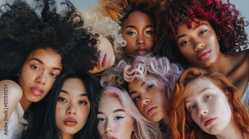 A group of women with different hair colors and styles are posing for a photo. Scene is one of unity and diversity, as the women come together to celebrate their differences and similarities