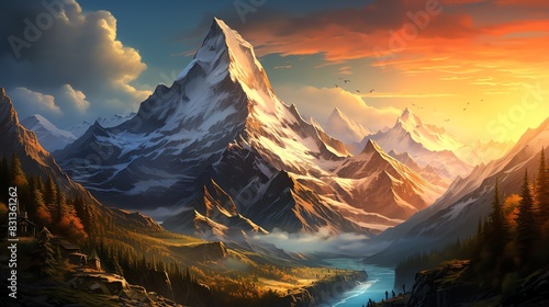 Majestic mountain range with snow-capped peaks at sunrise.