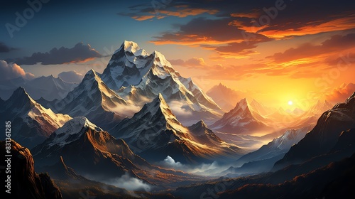 Majestic mountain range at sunset with snow-capped peaks and dramatic clouds.