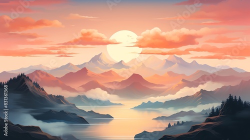 Beautiful sunset over a mountain range with a lake in the foreground.