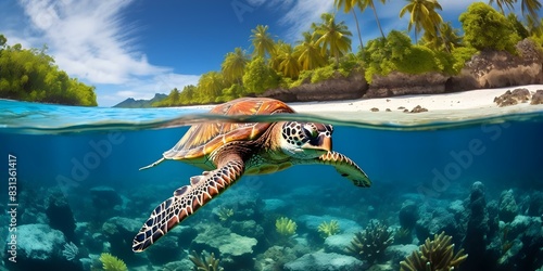 Hawksbill sea turtle Eretmochelys imbricata swims over Yap Island reef Micronesia. Concept Marine life, Hawksbill sea turtle, Yap Island, Micronesia, Underwater photography