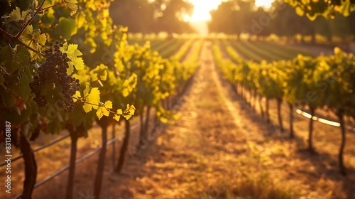A peaceful vineyard in the golden hour, with rows of grapevines stretching into the distance, laden with ripe grapes and bathed in warm, soft sunlight. 32k, full ultra hd, high resolution
