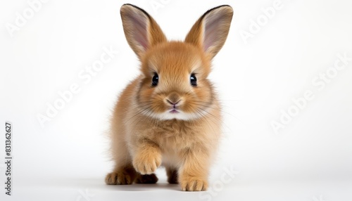 Small rabbit with floppy ears, sitting up and smiling directly at the camera, on a seamless white background, perfect for Easter promotions