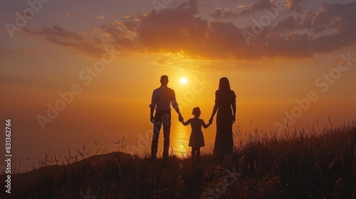Silhouetted family of four standing on a hill at sunset The warm glow of the setting sun creates a beautiful backdrop for the family's silhouettes The parents hold hands with their two children,