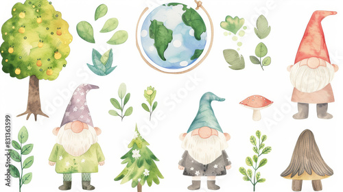 Set of cute gnomes in forest, eco friendly, environmental and earth day theme isolated on white