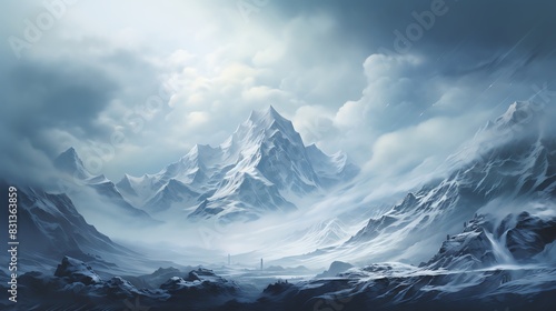 Majestic snow-capped mountain peaks rise against a dramatic sky.