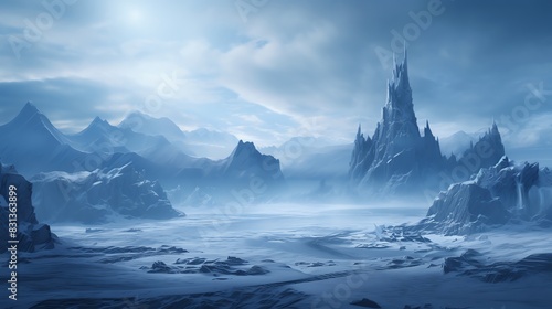 Snowy mountain range with a tall icy tower in the background