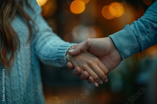 Person holding another's hand with blurred background