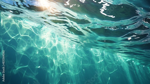 Sunlight beams through the water, illuminating a school of fish swimming in the ocean.