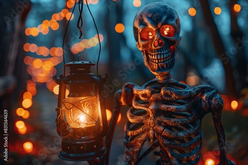 Skeleton in forest with lantern