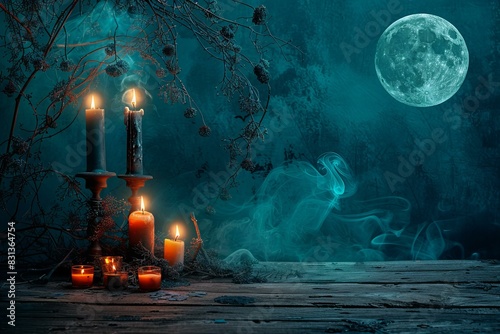 Ghostly figure illuminated by lit candles under full moon