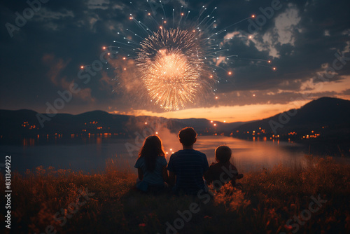 a family watches the fireworks on the fourth of July on some grass