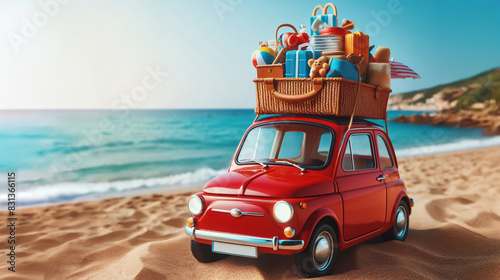 Reise Konzept, ein kleines rotes Auto am Strand ist voll beladen mit einem Boot und Urlaubsdingen