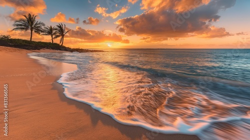 A serene beach at sunset with vibrant orange and pink skies, crystal-clear waves gently lapping at the shore, and palm trees swaying in the warm breeze, casting long shadows 